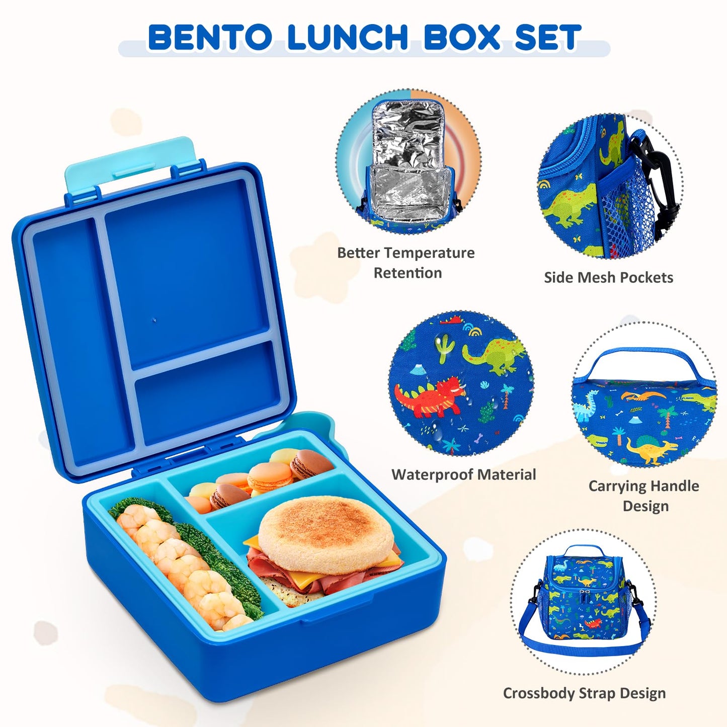 Pawtong Lunch Box Set with Bento Box Container, 17OZ Stainless Steel Food Soup Thermo, Kids Water Bottle & Portable Insulated Lunch Bag, Leakproof, Hot/Cold Retention for School, Travel (Dinasour)
