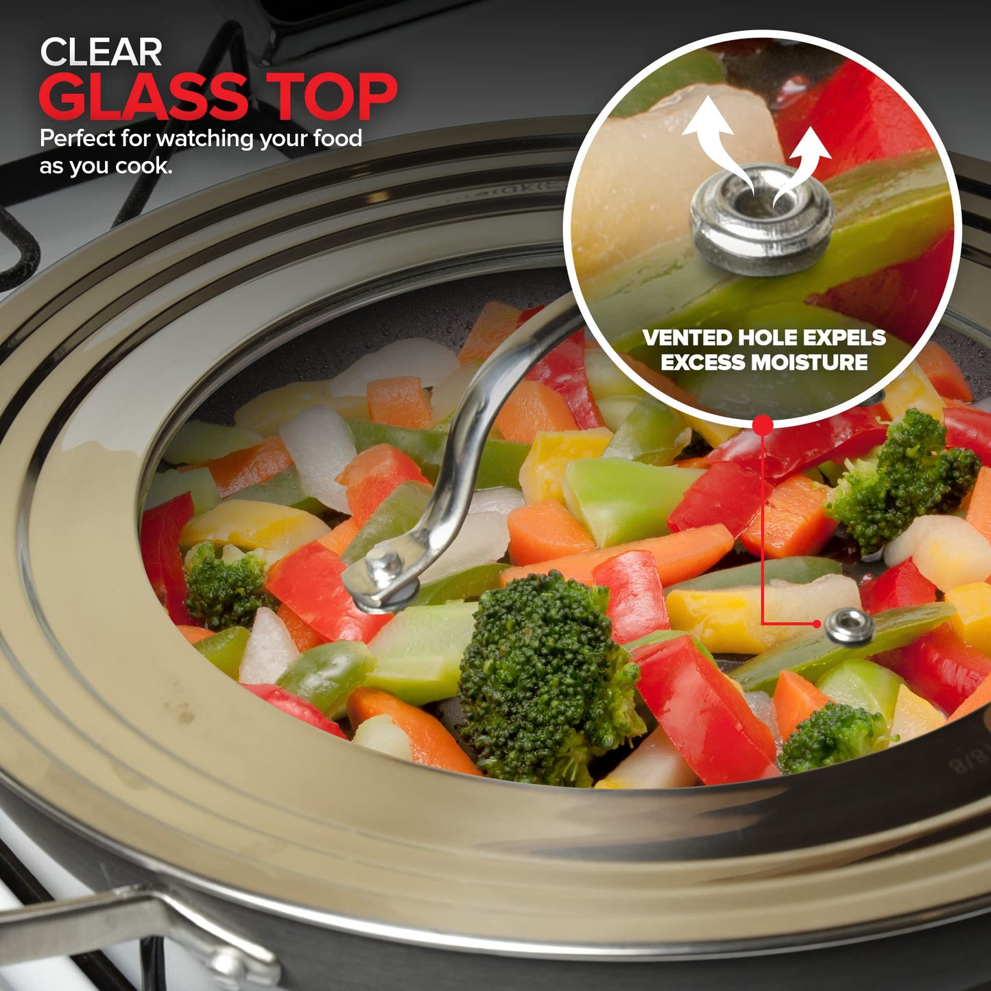 Modern Innovations Universal Lid with Tempered Glass Top for Pots & Pans, Fits 8.25, 9, 10, 11, and 12 Inch Cookware - Large Replacement Frying Pan Cover, Cast Iron Skillet Lids - Stainless Steel