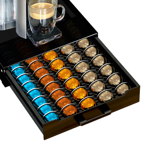 Vertuo Pod Holder Drawer with Deluxe Black Tempered Glass Top, Compatible for Nespresso VertuoLine Pods, Holds up to 75 Small or 50 Big Vertuo Pods Compact Design (Piano Black Nespresso Pods Holder)