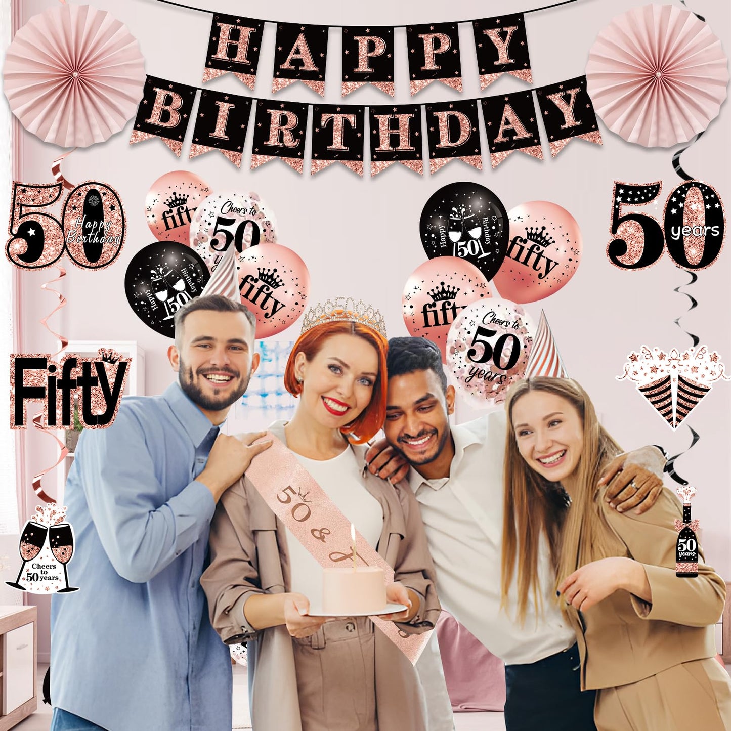 50th Birthday Decorations for Women, 33pcs 50th Birthday Crown and Sash, Black Rose Gold Happy 50th Birthday Banner Balloons Backdrop Hanging Swirls Paper Fans, 50 Years Old Birthday Decorations Kit