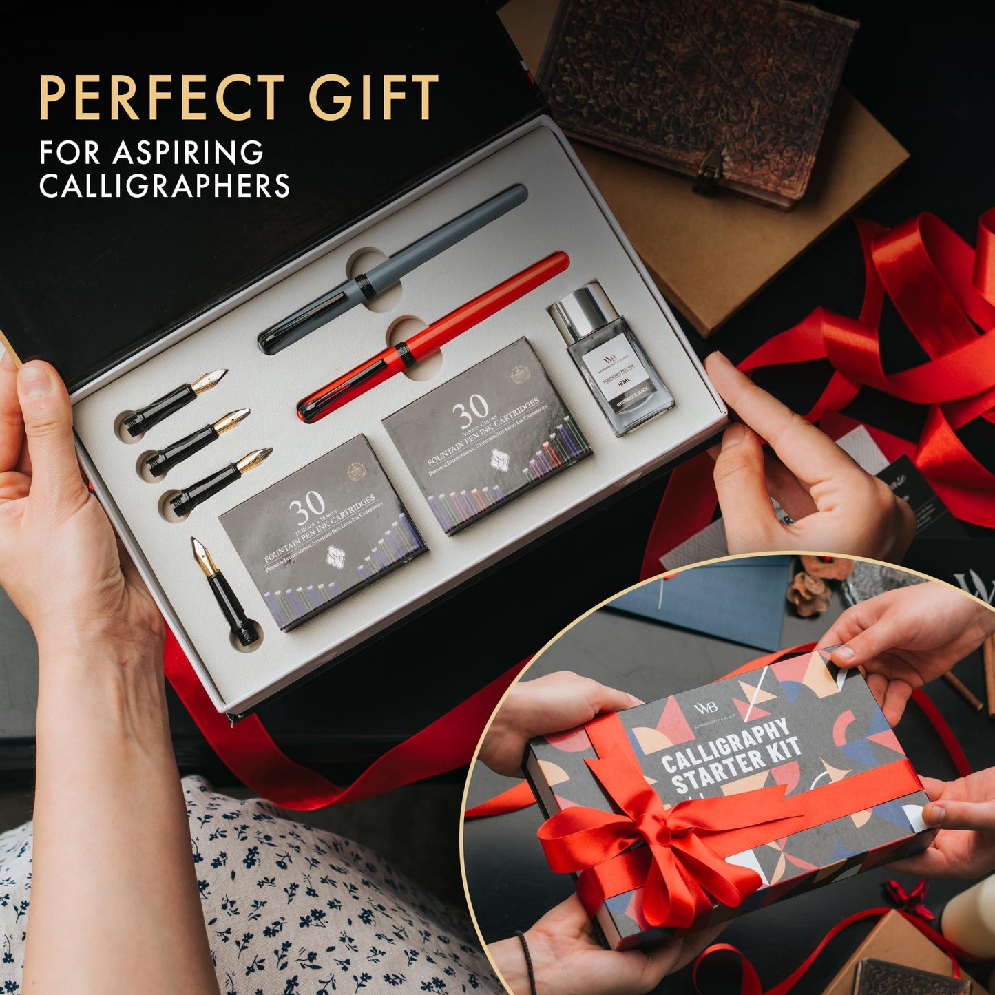 Wordsworth and Black Calligraphy Pen Set - Grey - Includes 2 Calligraphy Pens, 18 ML Ink Bottle, 60 Ink Cartridges, A Refill Converter, 1 Medium and 4 Broad Nibs, Brush Pen
