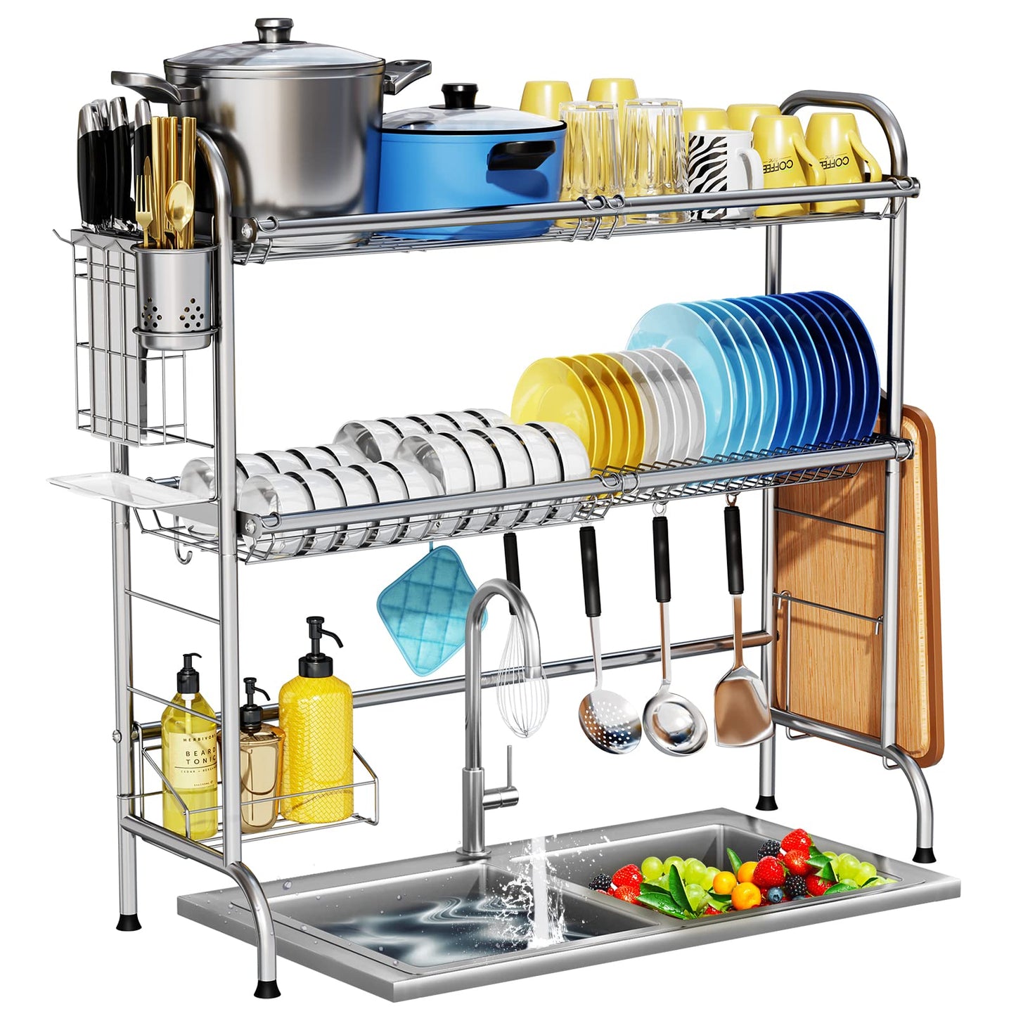 HOWDIA Stainless Steel 2-Tier Over The Sink Dish Drying Rack with Utensil Holder, Large, for Kitchen Counter