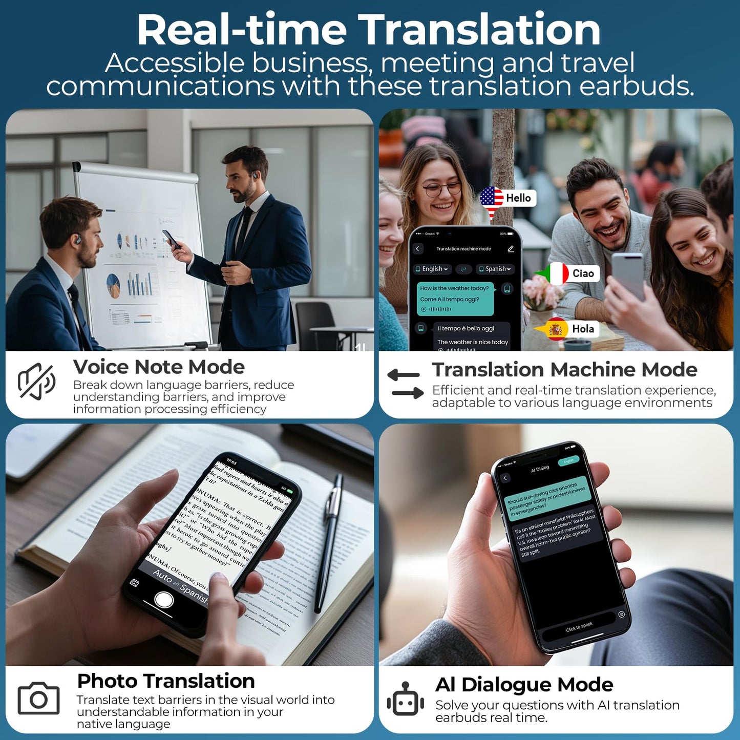 occiam AI Translation Earbuds Real Time, 164 Language Translator Device with No Subscription, Simultaneous Interpretation for Face-to-Face, Photo/Audio/Video Translating Headphone Matte Black
