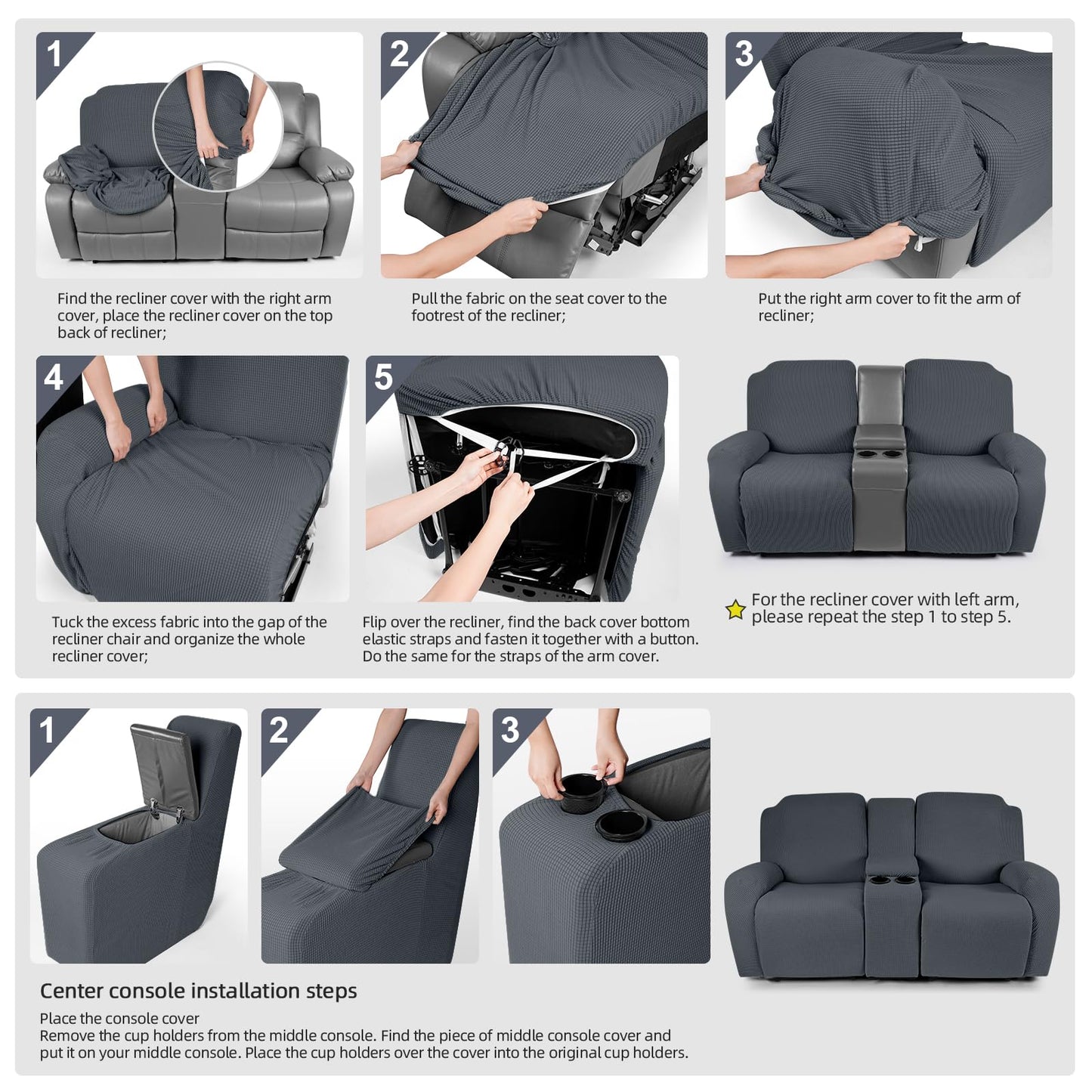 TAOCOCO Loveseat Recliner Cover with Middle Console, Stretch Loveseat Cover for 2 Seat Recliner Couch, Jacquard Reclining Sofa Covers Loveseat Slipcover Furniture Protector, Grey