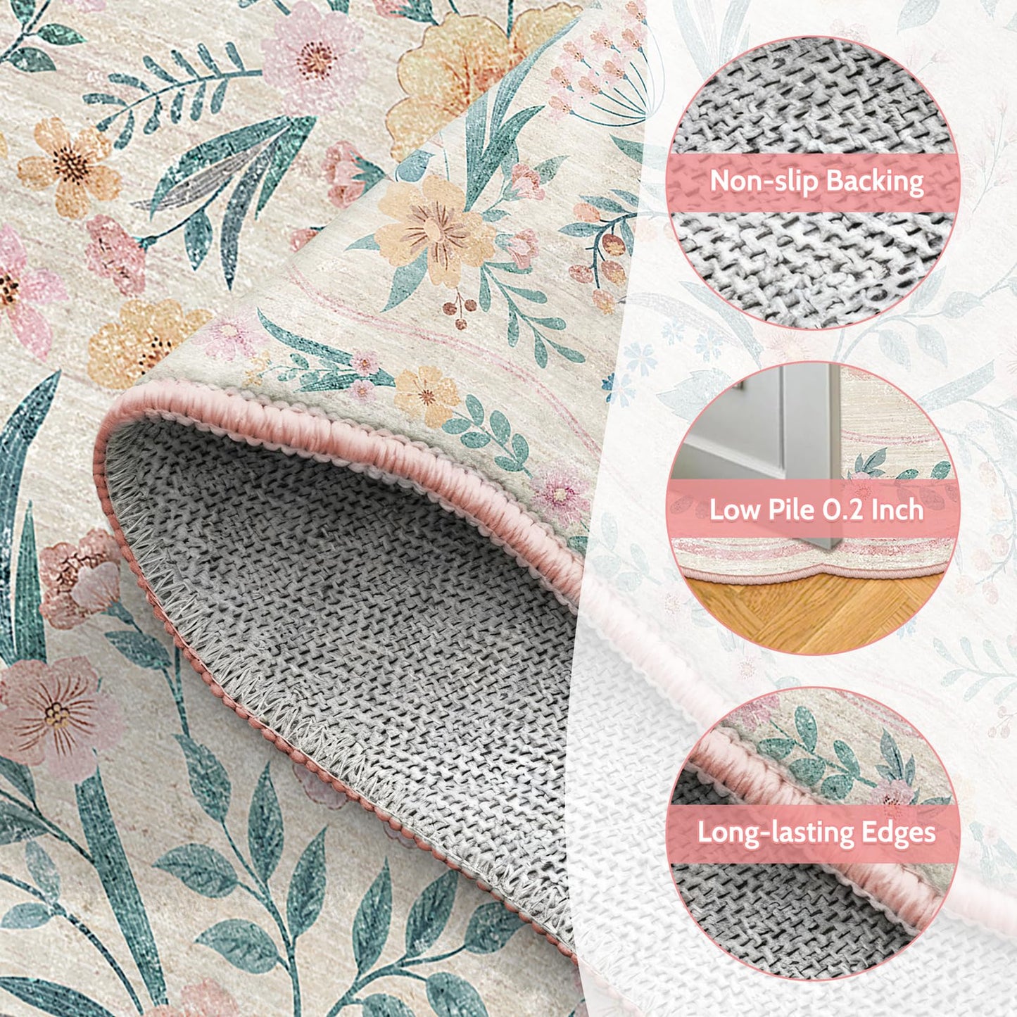 Dadasgk Pink Floral Rug 5X7 for Girls Bedroom or Nursery, Scalloped Washable Non-Slip Area Rug, Cute Soft Boho Carpet for Kids Room, Dorm, or Playroom