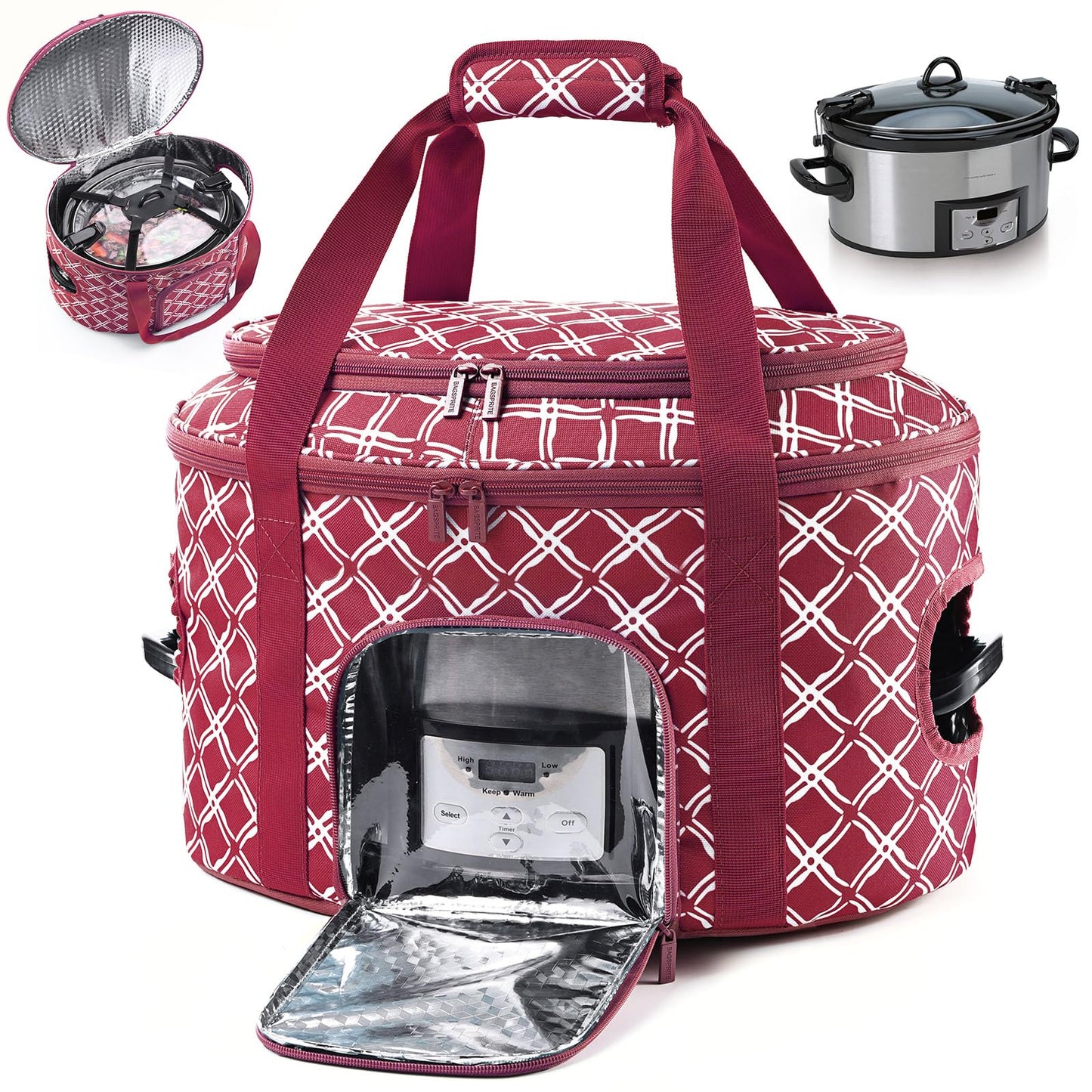 BAGSPRITE Double-layer Slow Cooker Carrying Case for Crock Pot 6-8 Quart, Insulated Crockpot Carrier with Adjustable Lid Straps,Portable Slow Cooker Travel Bag for Potluck, Parties, Family Gatherings