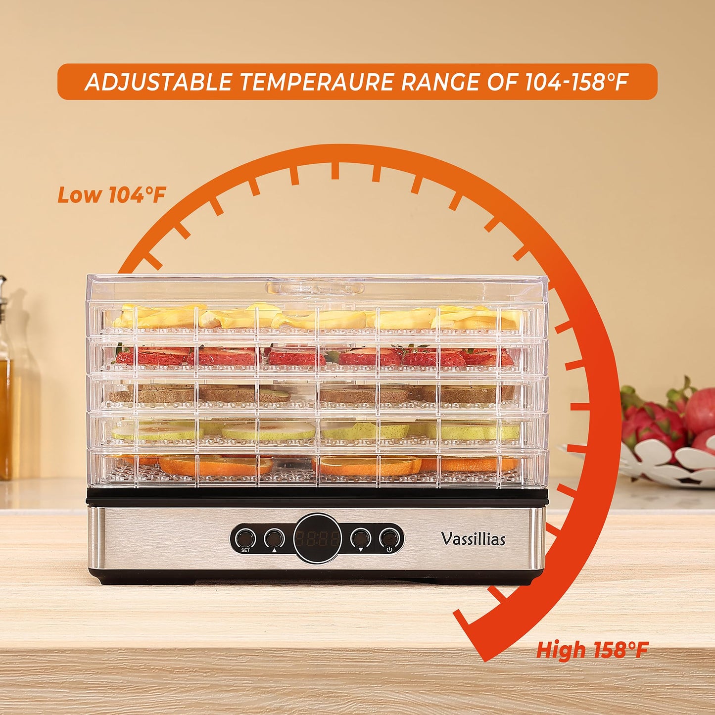 Food Dehydrator Dryer - Dehydrator for Healthy Food, Meat, Jerky, Fruit, Vegetable, Mushroom and Herb, 400W, 158°F, Mini Dryer with 5 BPA-Free Drying Racks and Slide Out Tray, White, Model 904