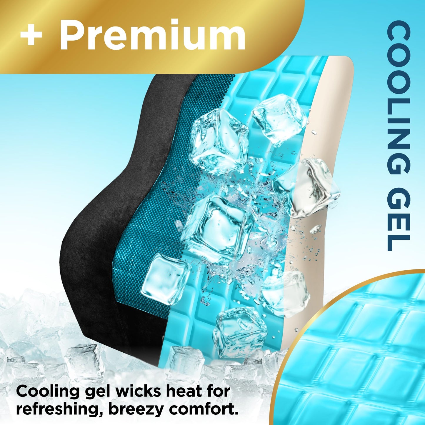 BLACK+DECKER Memory Foam Lumbar Support Pillow with Cooling Gel – High Back Lumbar Cushion for Office, Car, Wheelchair & Airplane – Ergonomic, Pain Relief, Adjustable Strap, Washable Cover,Black/Grey
