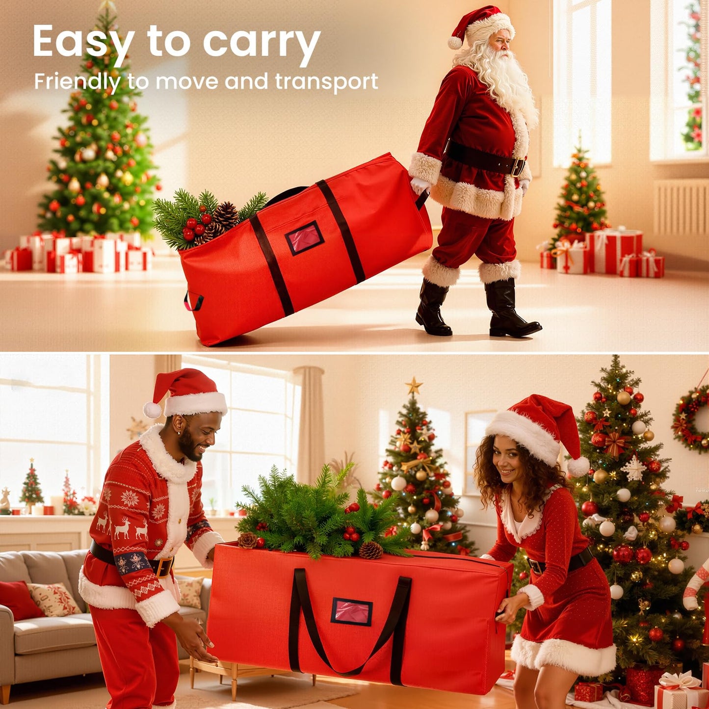 Christmas Tree Storage Bag, 9FT Large Christmas Tree Bag 600D with Reinforced Handles, Heavy Duty 9 Foot Tree Bags for Storage Waterproof Xmas Tree Box, Dual Zippers, Wide Opening, Red