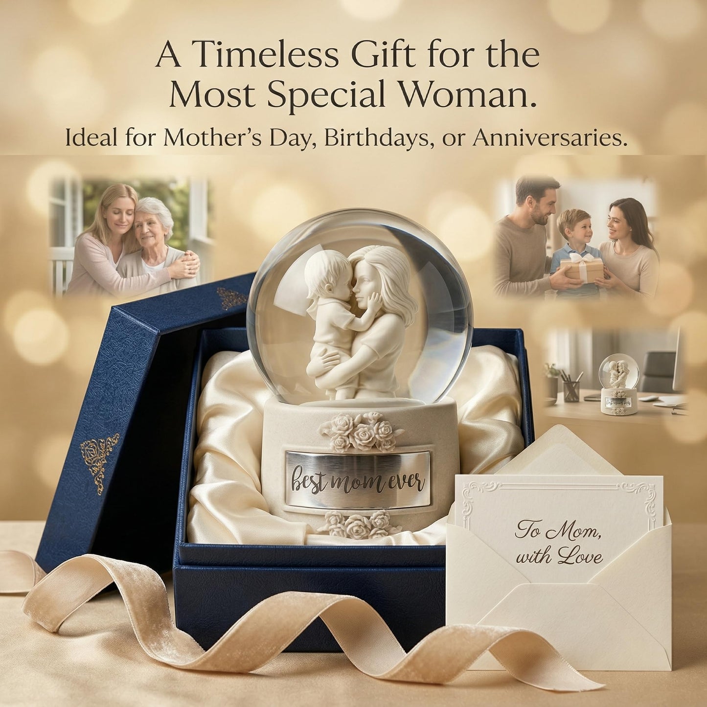 Mom Snow Globe Music Box, Wind-up Musical Water Globe with Mother and Son Figurine and Best Mom Ever Plaque, Mothers Day Birthday Gift for Mom from Daughter Son