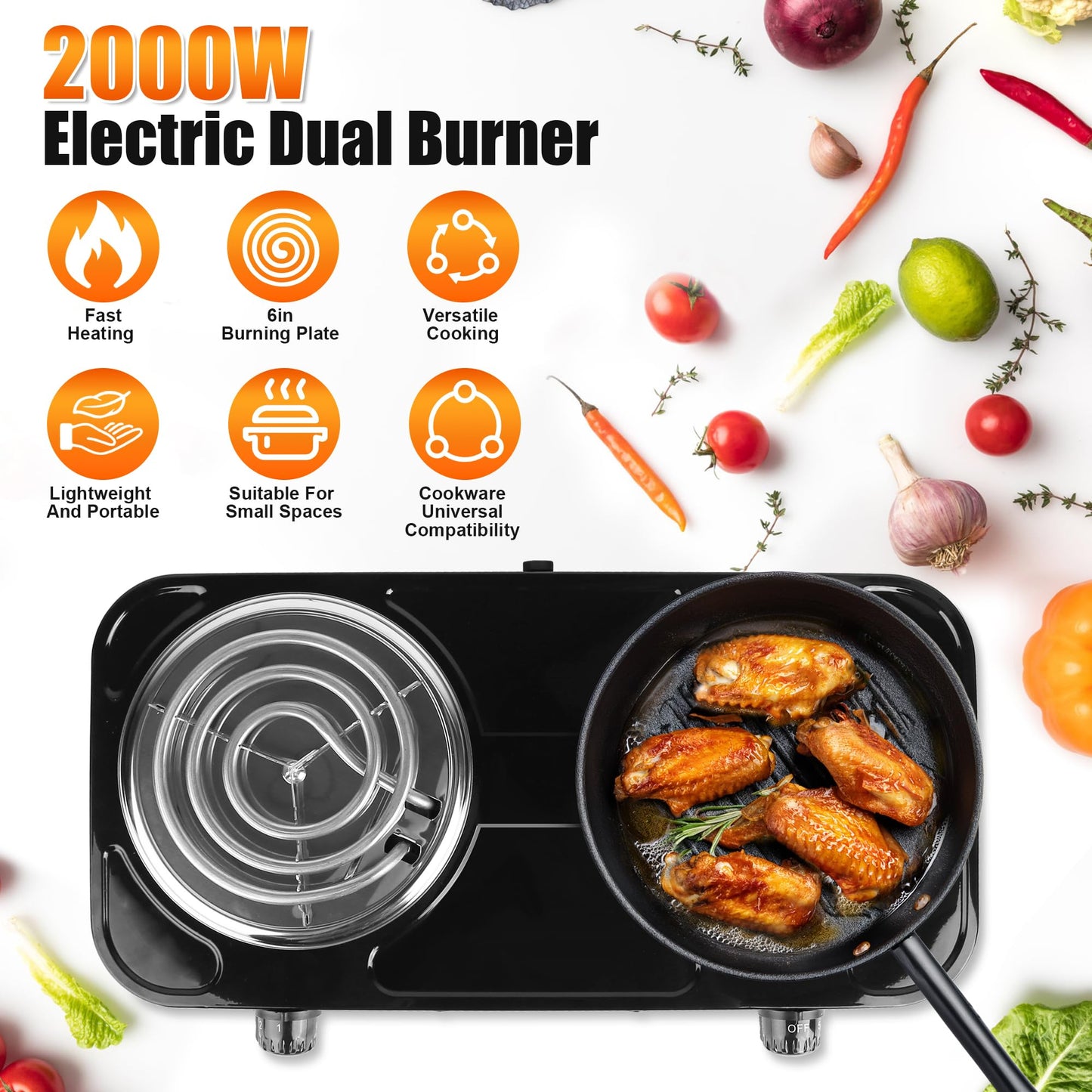 Electric Charcoal Burner Stove, 500W Single Coil Hot Plate Starter with Grill Tongs, 5-Level Temp, Smart Heat Control & Stainless Steel Fast Heating for Cooking top Countertop (3890 Double Black)