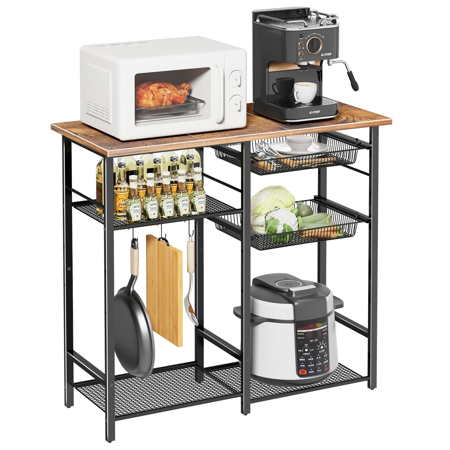 LAKEMID Kitchen Bakers Rack,Microwave Stand with Storge 3-Tier,Coffee Bar Station,6 S-Shaped Hook,Kitchen Storage Shelf,33.7D x 14.9W x 29.9H Inches,Rustic Brown