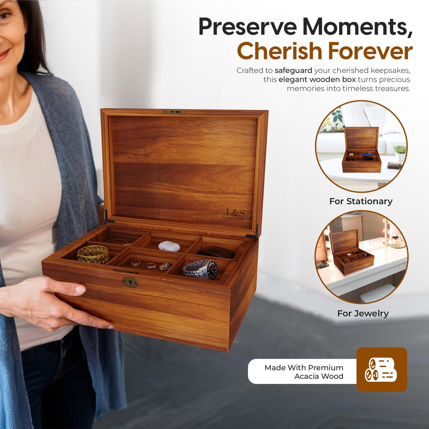 LUSH & STYLE Acacia Wooden Box, Keepsake With Hinged lid and locking keys, Decorative, Memory, Wooden Storage Boxes, Customizable With Adjustable Tray,keepsake trunk (Divider Model) Large 11x9x5 Inch