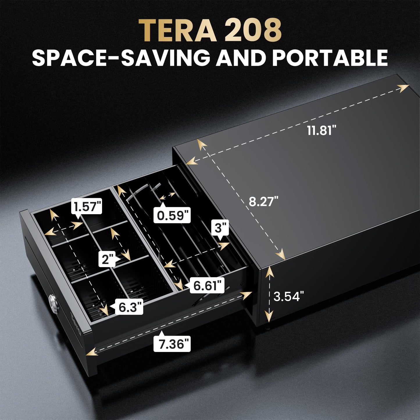 Tera Cash Register Drawer 8" Mini: 4 Bill 6 Coin Small Cash Drawer Auto Open with Media Slot 24V RJ12 Cable for POS System Key-Lock Removable Coin Separators for Small Business Retail Counter 208