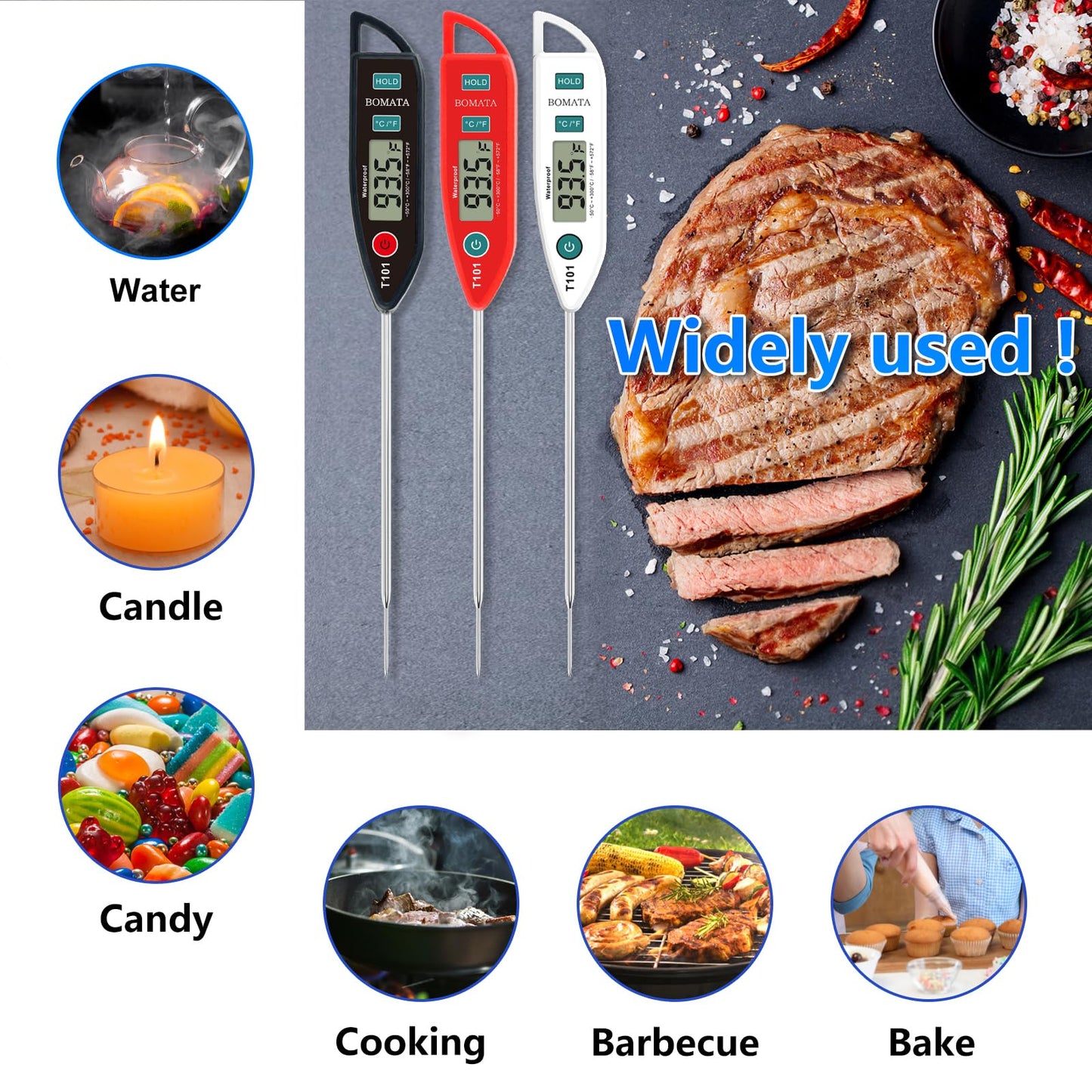 BOMATA 6 Pack Waterproof IPX7 Meat Thermometer Instant Read Food Thermometer with Long Probe for Water, Liquid, Kitchen Cooking, Grill,BBQ ! T101 X 6 Pcs (Black & Red & White)…