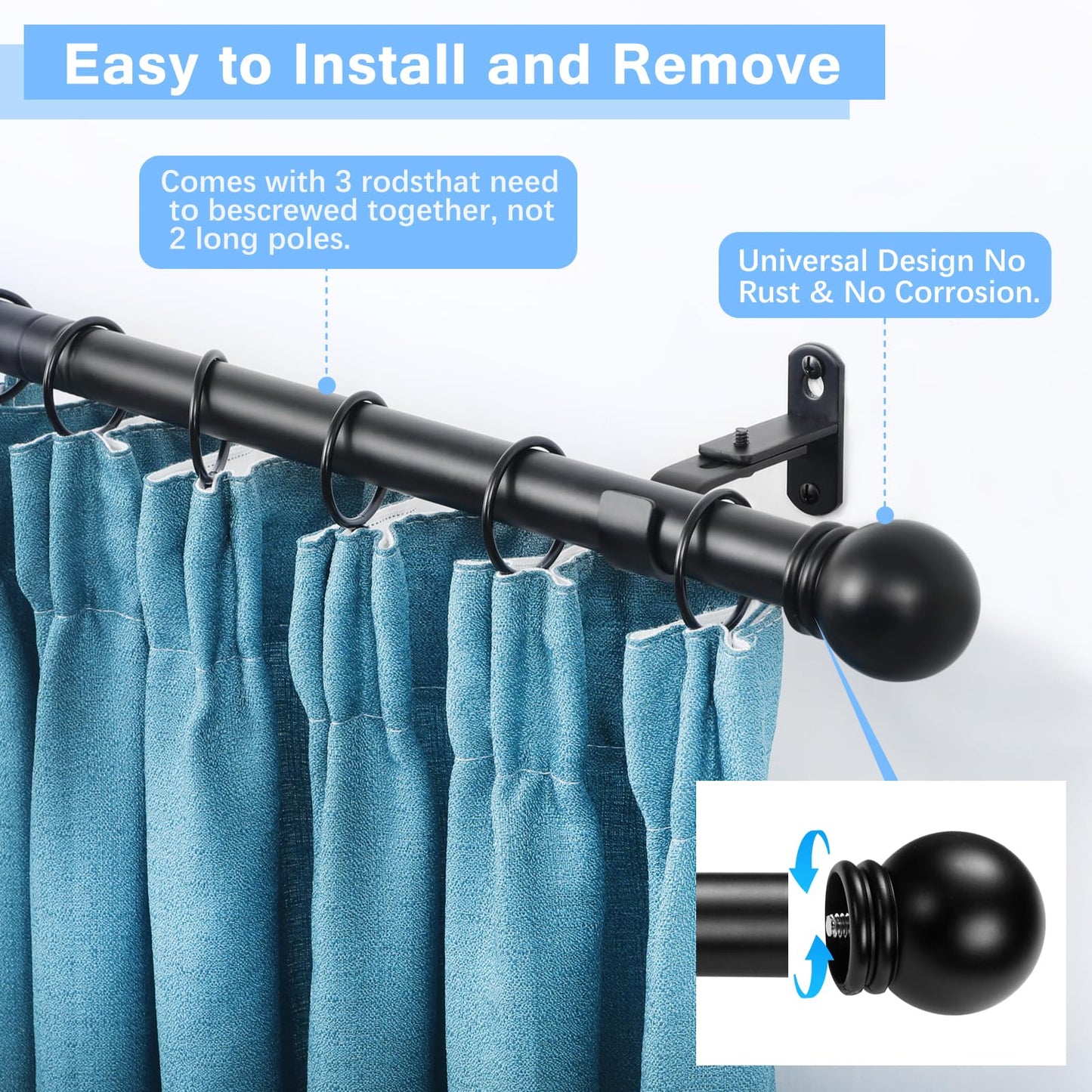 AMZSEVEN Curtain Rods for Windows 16 to 48 Inches, Curtain Rod Max Adjustable Length of 60 IN, 1" Diameter Drapery Rods Round Finials, Black, Pack of 2