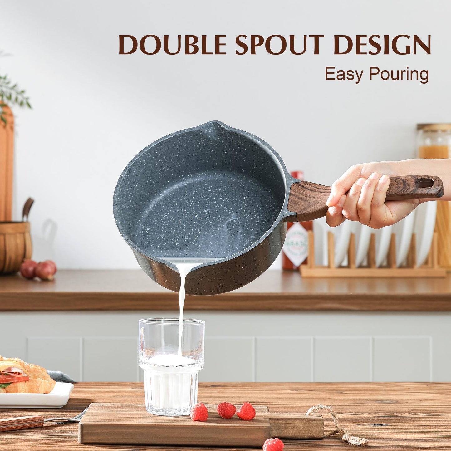 SENSARTE Nonstick Sauce Pan with Double Spout, 3.0 Quarts Swiss Granite Coating Sauce Pot with Lid Medium Kitchen Cooking Pot, Induction Comptable Saucepan, Free of Intentionally Added PFOA