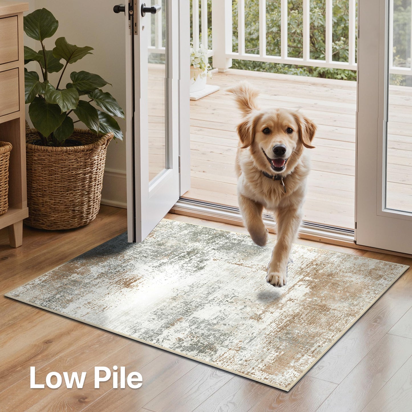 GENIMO Kitchen Rug Sets of 3, Non-Slip Washable Low-Pile Kitchen Mats for Floor, Waterproof Abstract Kitchen Runner Rug, Floor Mat Carpet for Hallway, Laundry, Sink, Entryway, Bathroom, Gold