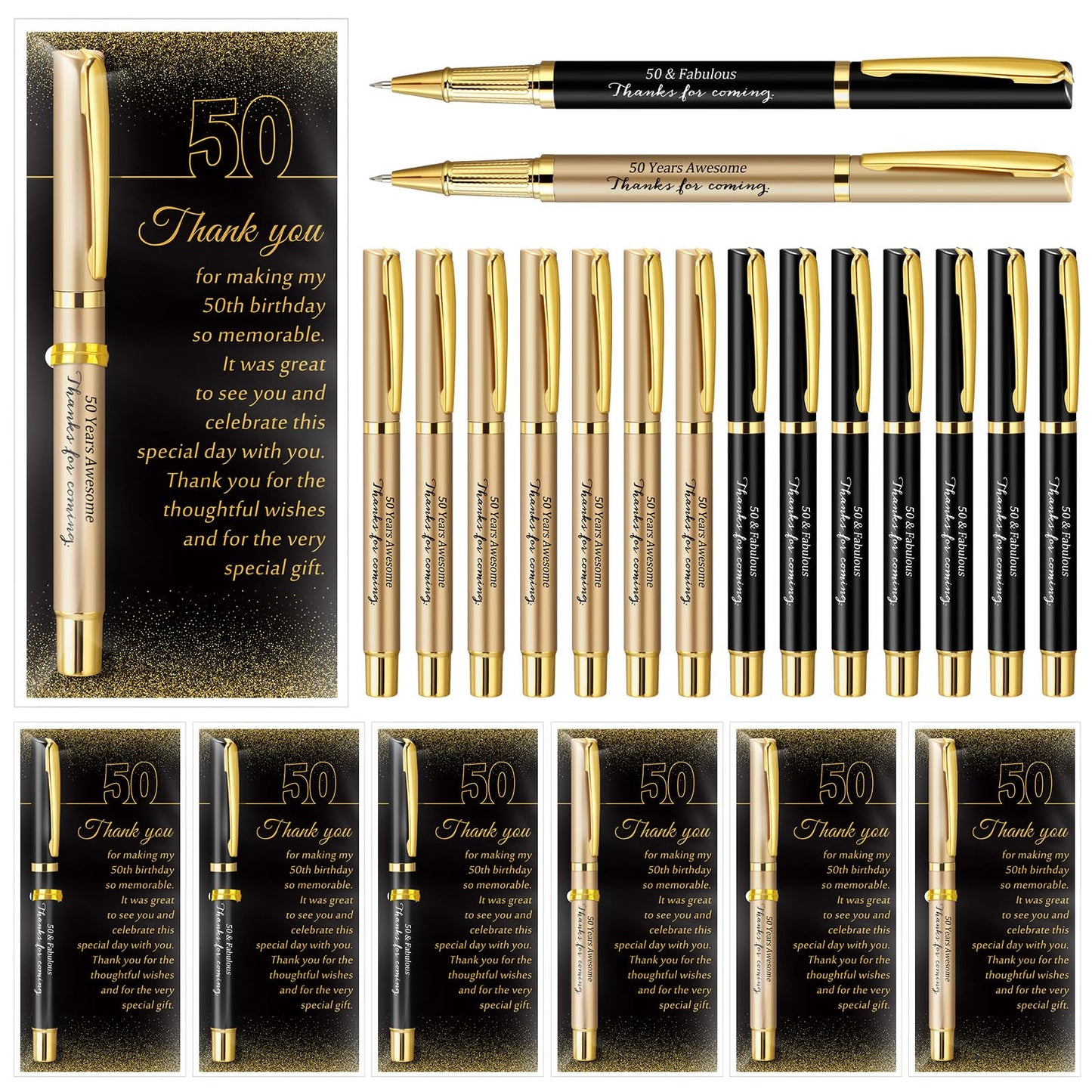 Feifeiya 50 Set 50th Birthday Party Favor for Guest Anniversary Party Favor with Black and Gold Ballpoint Pens and Thank You Cards for Women Men Birthday Anniversary Appreciation Gifts