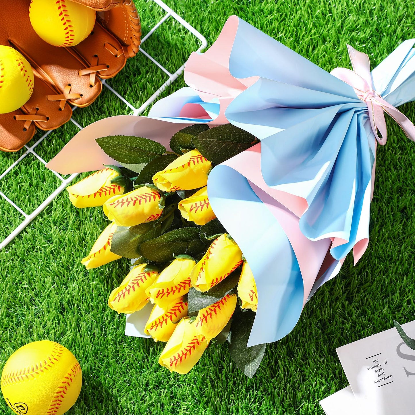 Suhine 12 Pcs Softball Rose Bulk Artificial Baseball Gifts Flower Decor for Graduation Wedding Party Sports Theme Bouquet Gift for Girl Coach Team Player Fan