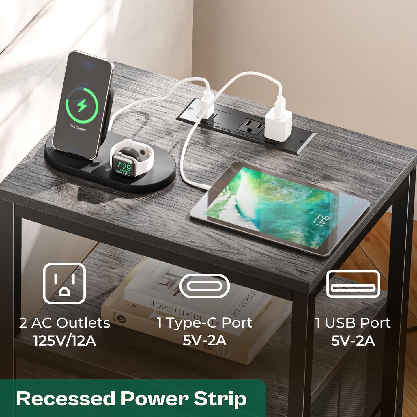 Huuger Nightstand with Charging Station, 27.6 Inch End Table Bedside Table with USB Ports and Outlets, Night Stand for Bedroom, Fabric Drawers, Grey