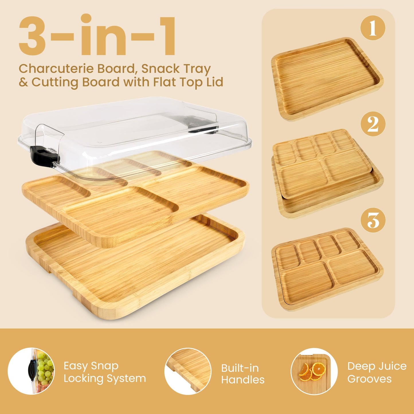 Dolce Casa Charcuterie Board with Lid 3-in-1, Portable Bamboo Serving Tray with Lid & Removable Snack Tray for Cheese, Fruit, Food - Covered Cheese Platter for Picnic, Travel, Ready-to-Gift