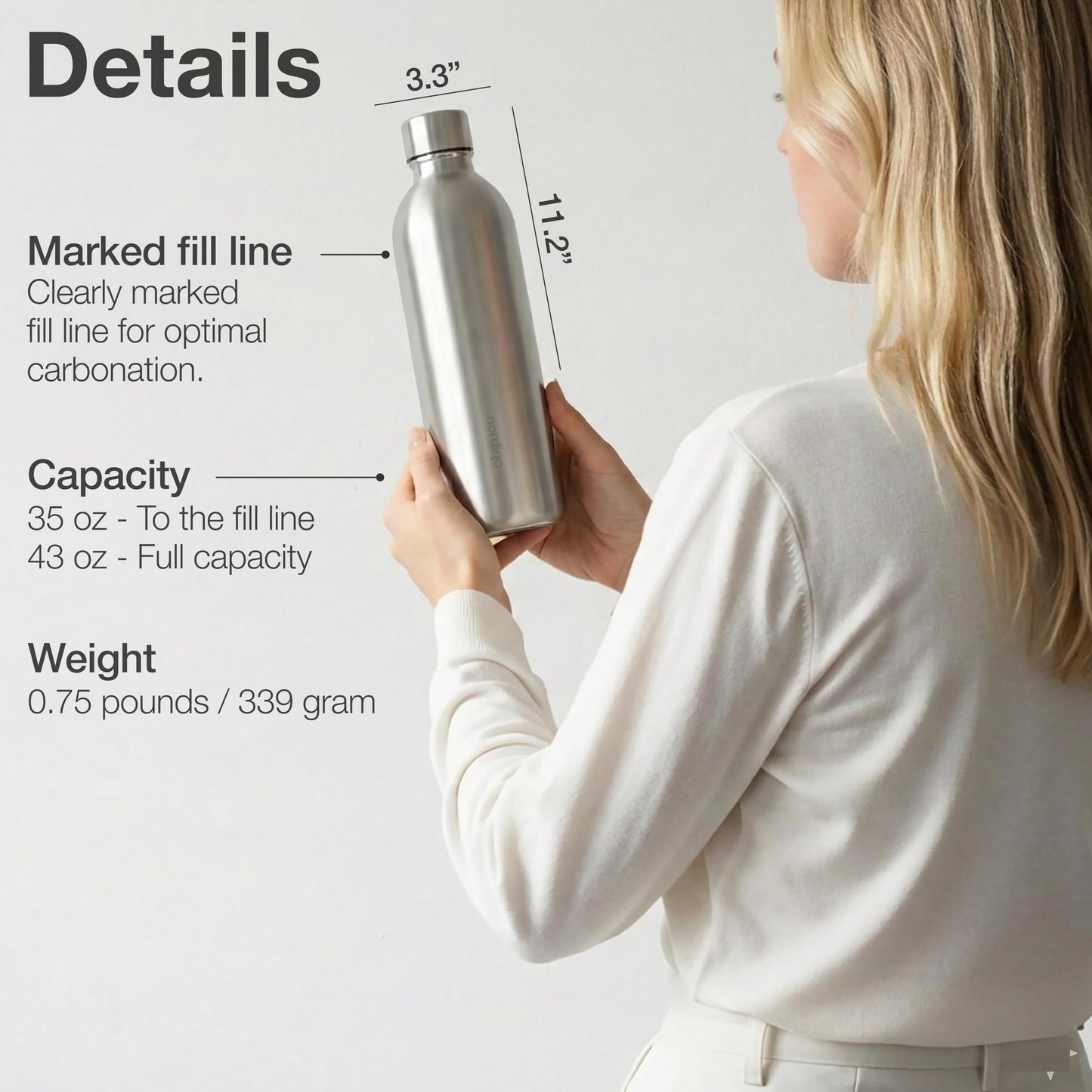 Nordiqo Stainless Steel Carbonating Bottle 43 oz | Compatible with Aarke Carbonator 3 (Not Pro) and SMEG Soda Makers | No Expiration date | Plastic-Free | Dishwasher Safe | Replacement Bottle