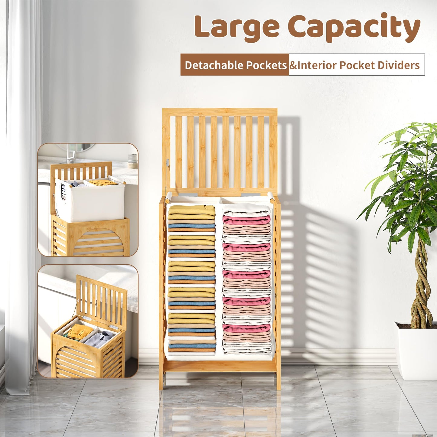 FILWH Laundry Hamper with Lid (16.9 * 13 * 26.5inches) Large Bamboo Laundry Bin Basket 85L Clothes Hamper with 1 Removable Bag Storage baskets for Bathroom(Natural)