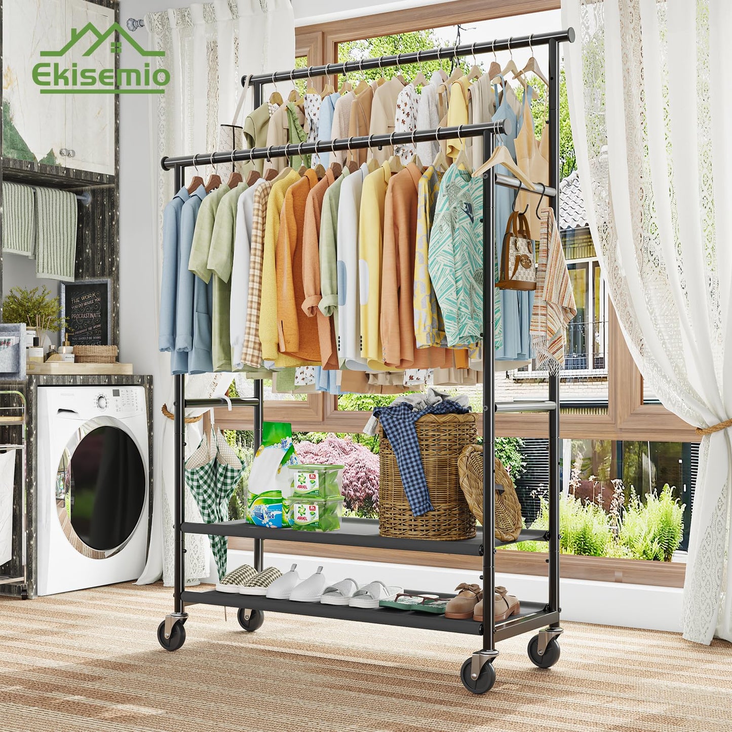 Ekisemio Double Rods Clothes Rack for Hanging Clothes, Rolling Clothing Rack with Wheels, 2-Tier Hanging Rack with Mesh Shelves, Holds 300 LBS for Bedroom, Laundry, Living Room, Black