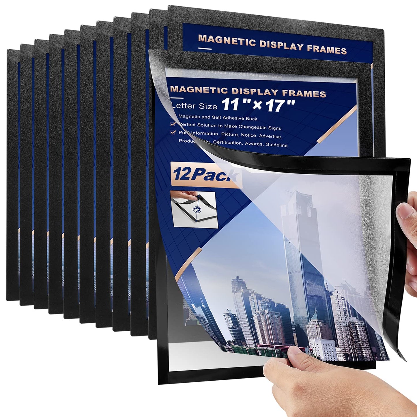 12 Pcs Magnetic Signs Holder, for 11" x 17" Letter, Sturdy PVC Magnetic Document Holder, Magnetic Picture Poster Frame, Can Self-Adhesive Wall/Door/Window or Magnetic for Refrigerator