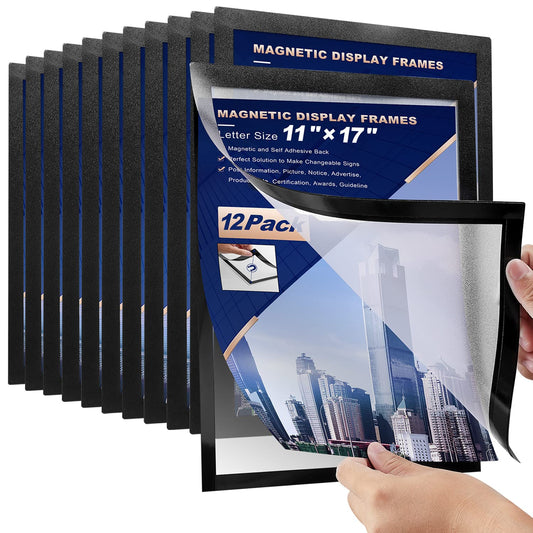 12 Pcs Magnetic Signs Holder, for 11" x 17" Letter, Sturdy PVC Magnetic Document Holder, Magnetic Picture Poster Frame, Can Self-Adhesive Wall/Door/Window or Magnetic for Refrigerator