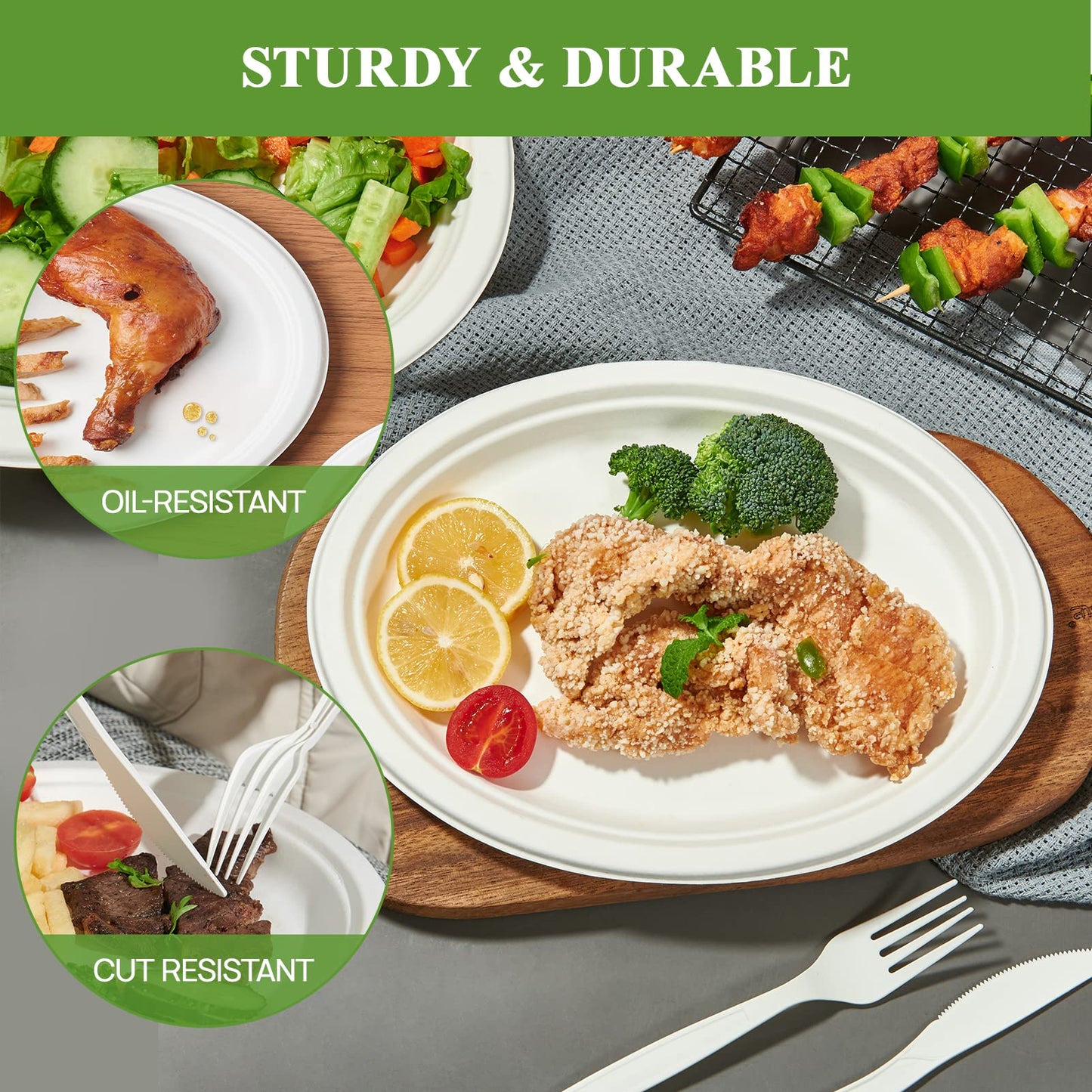 Vplus 100% Compostable Oval Paper Plates 12 inch 125 Pack Super Strong Disposable Paper Plates Bagasse Natural Biodegradable Eco-Friendly Sugarcane for BBQ, Party, Dinner, and Picnic
