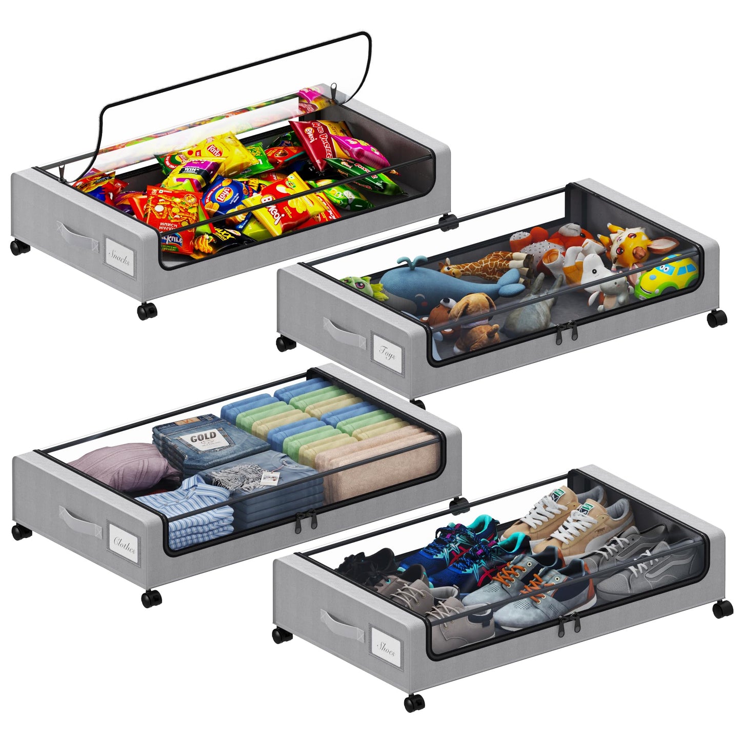 Tututry Under Bed Storage with Wheels, XXL 60L Under the Bed Storage Bins, Underbed Storage Containers with Lids & Label, Rolling Metal Drawer for Shoes, Clothes, Books, Toys (4-Pack Gray)