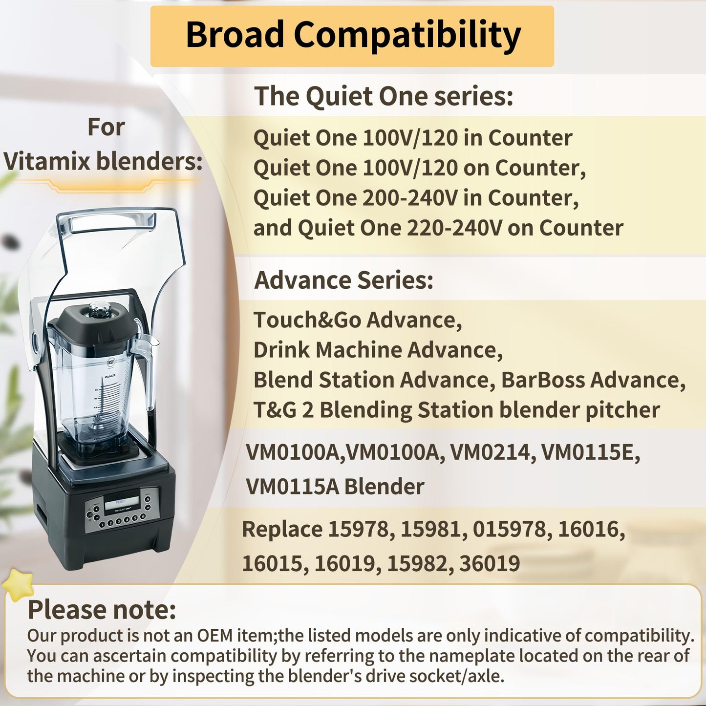 Blender Pitcher 48oz, Replacement for Advance Quiet One VM0145 VM0100A 16016 15978 36019 Commercial BarBoss Advance Touch&Go Advance and Drink Machine Advance 1 Year Warranty