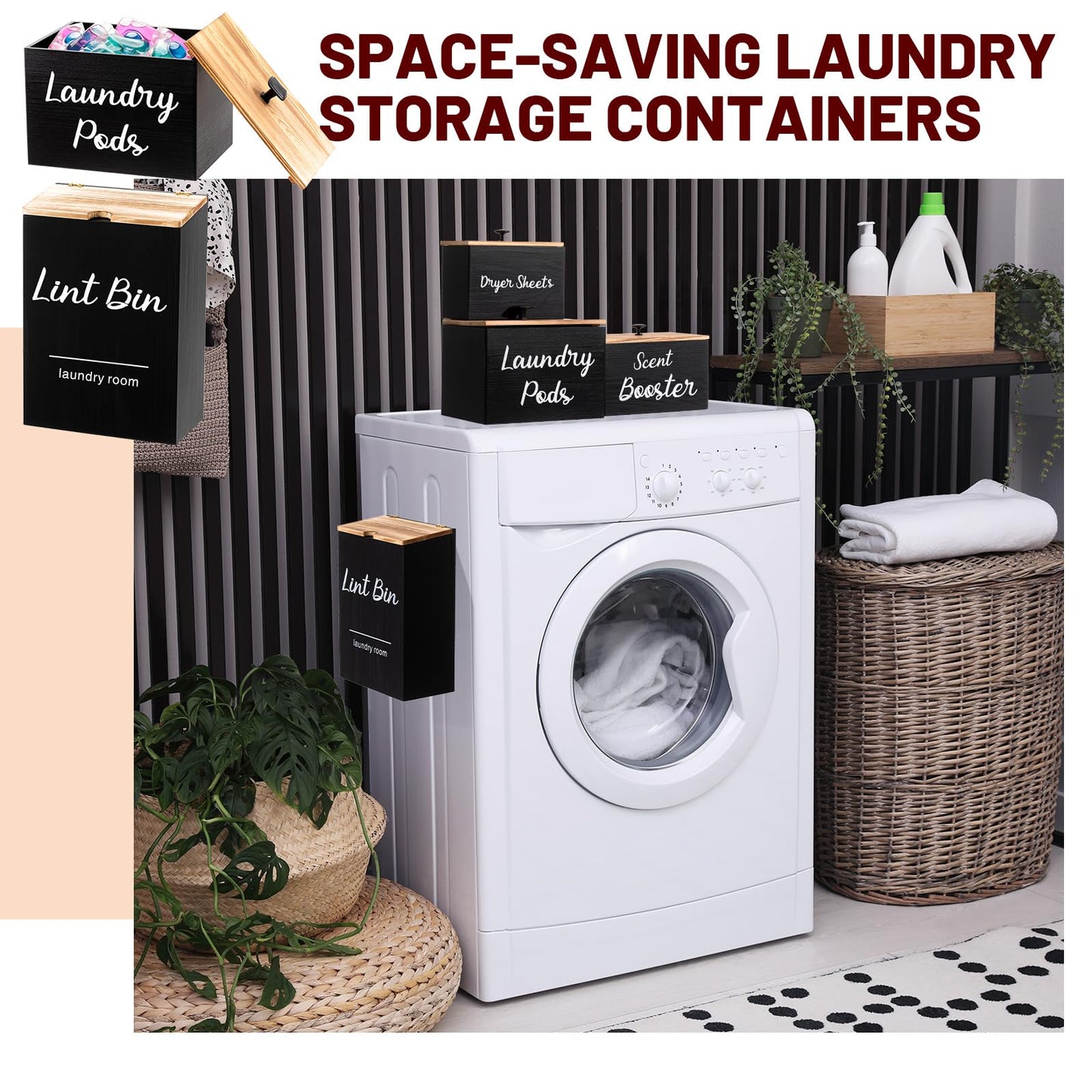 Dandat 4 Pcs Magnetic Laundry Room Organization and Storage Set, Lint Bin with Scoop and Brush Dryer Sheet Holder Laundry Pod Holder Scent Booster Container, Wood Farmhouse Room Container Gift(Black)