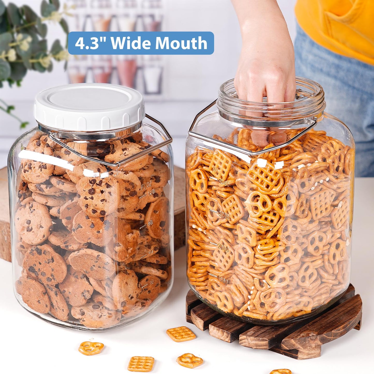 1.5 Gallon Glass Jar with airtight Lid, 2 Pack Wide Mouth Mason Jars with Sturdy Handle, Storage Containers with 2 Clear Scales(192 fl Oz/5700ML), Large Glass Jar for Pickling, Canning, Storage