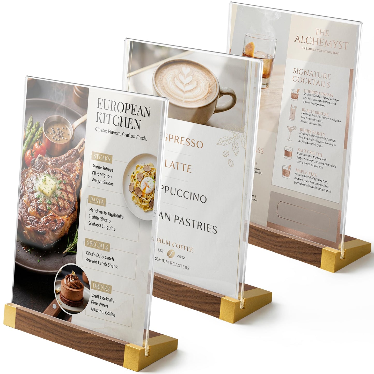3 Pack Acrylic Sign Holder 8.5 x 11 Inch with Walnut Wood Base, Clear Tabletop Acrylic Display for Menu & Flyer Holder, Commercial Paper Stand for Restaurant, Office, Coffee, Bar, Wedding, Hotel