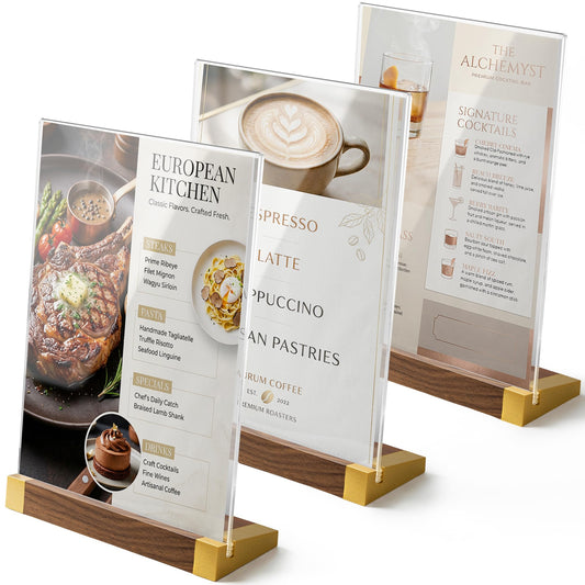 3 Pack Acrylic Sign Holder 8.5 x 11 Inch with Walnut Wood Base, Clear Tabletop Acrylic Display for Menu & Flyer Holder, Commercial Paper Stand for Restaurant, Office, Coffee, Bar, Wedding, Hotel