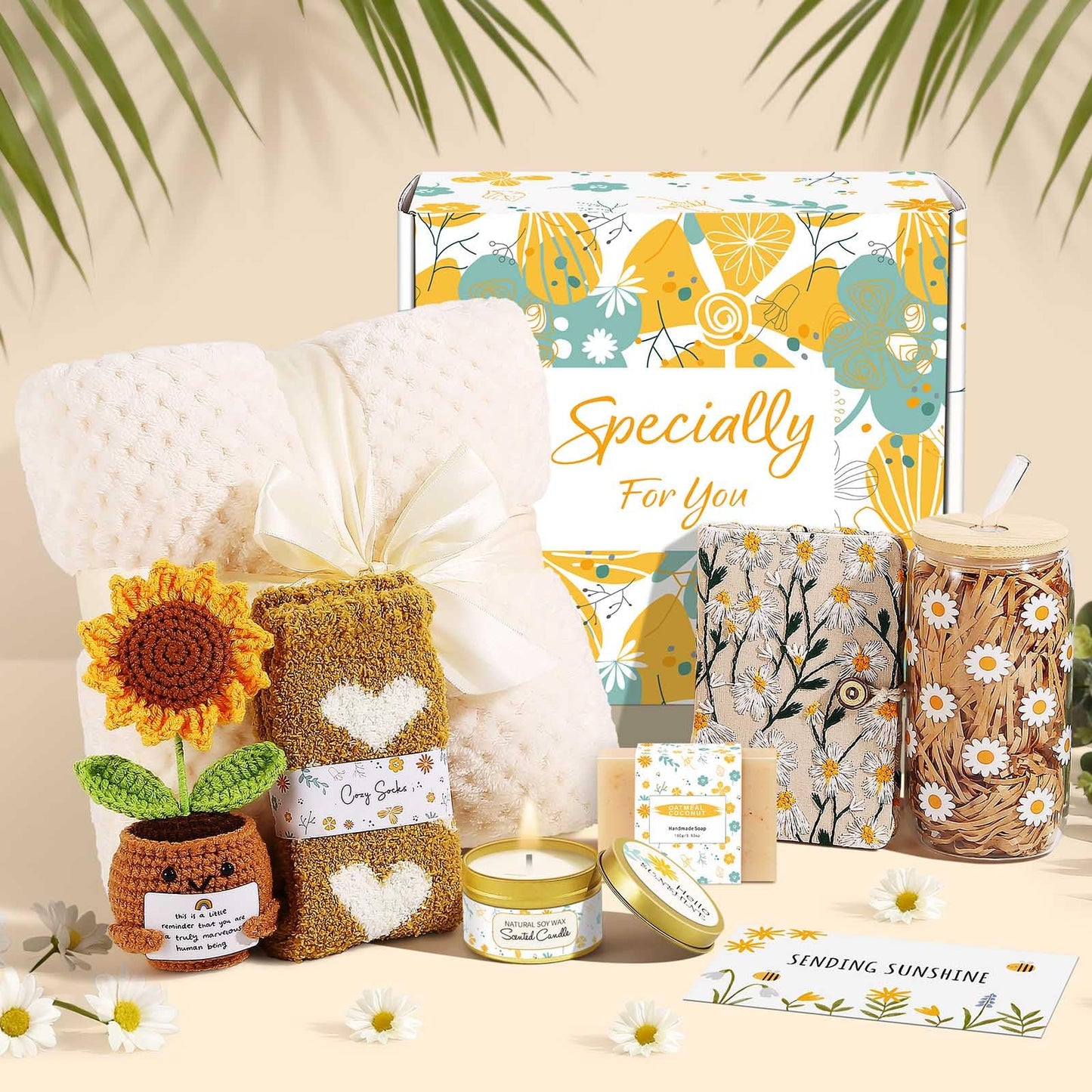 Self Care Gifts for Women Gift Baskets，Sending Sunshine Thinking of You Care Package Spa Gift Sets, Mothers Day Birthday Gifts for Women Mom Sister Wife Grandma Best Friends Her - Ivory