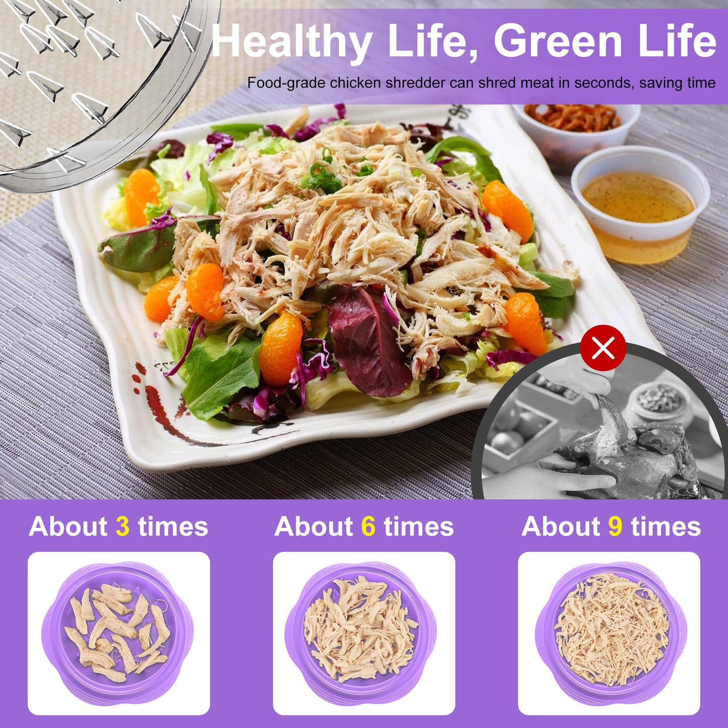SURETIVIAN Chicken Shredder Tool Twist Large Chicken Breast Shredder with Brush&Fork, Visible Meat Shredder Machine, Anti-Slip Strip, Ergonomic Handle, BPA Free, Suitable for Pork Beef Chicken(Purple)