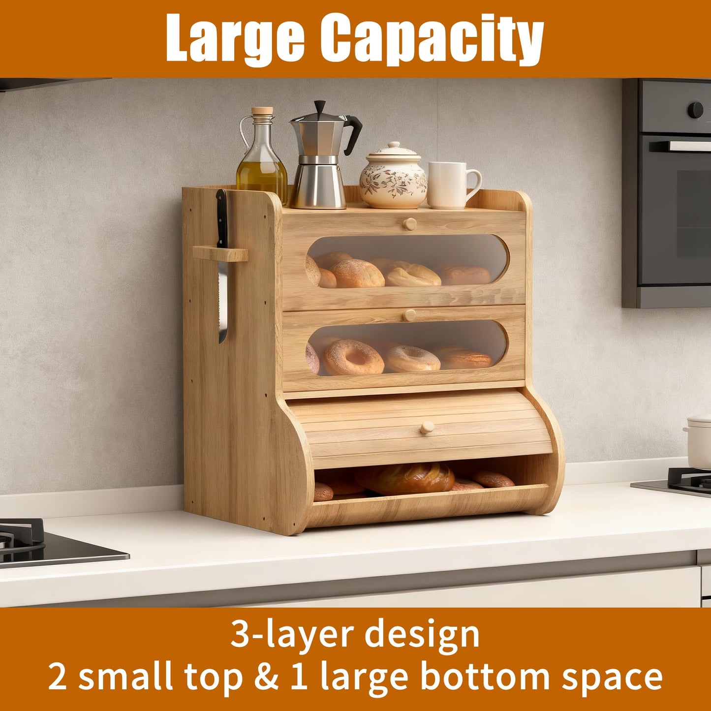 Coolfat Bread Box for Kitchen Countertop, 3 Tier Large Capacity Breadbox, with Window, Cutting Board Rack and Knife Holder, Bamboo Bread Container, Under Cabinet Organizer