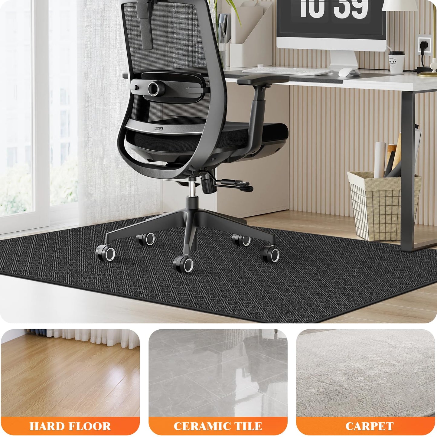 KMAT Office Chair Mat, 46x60in Heavy Duty Hardwood/Tile Floor Protector, Floor Mat Computer Desk Mat for Rolling Chairs, Work, Study, Office, Black
