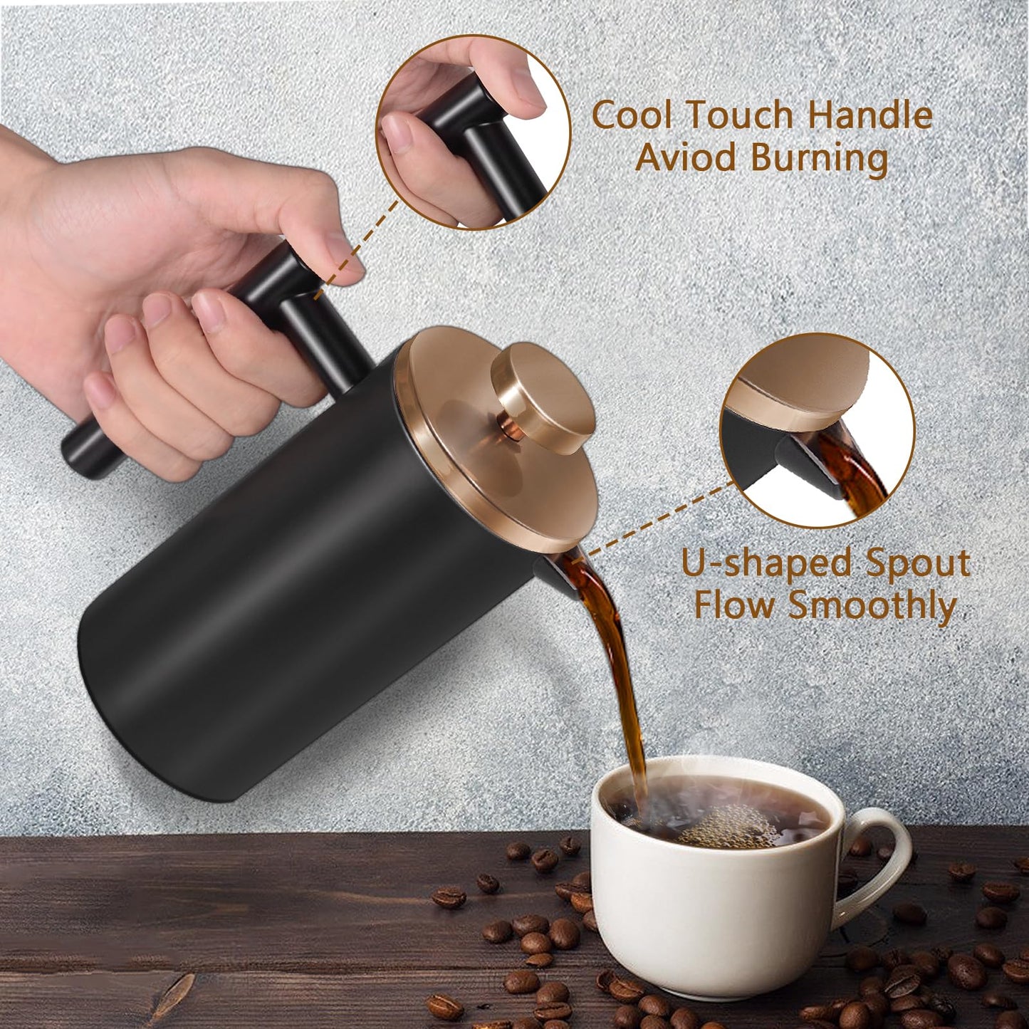 WORBIC Black Large French Press Coffee Maker 50oz, Double Wall Insulated French Press Stainless Steel,for Coffee&Tea,with 3 Extra Screens and a Coffee Spoon, 50oz/1500ml, Gold