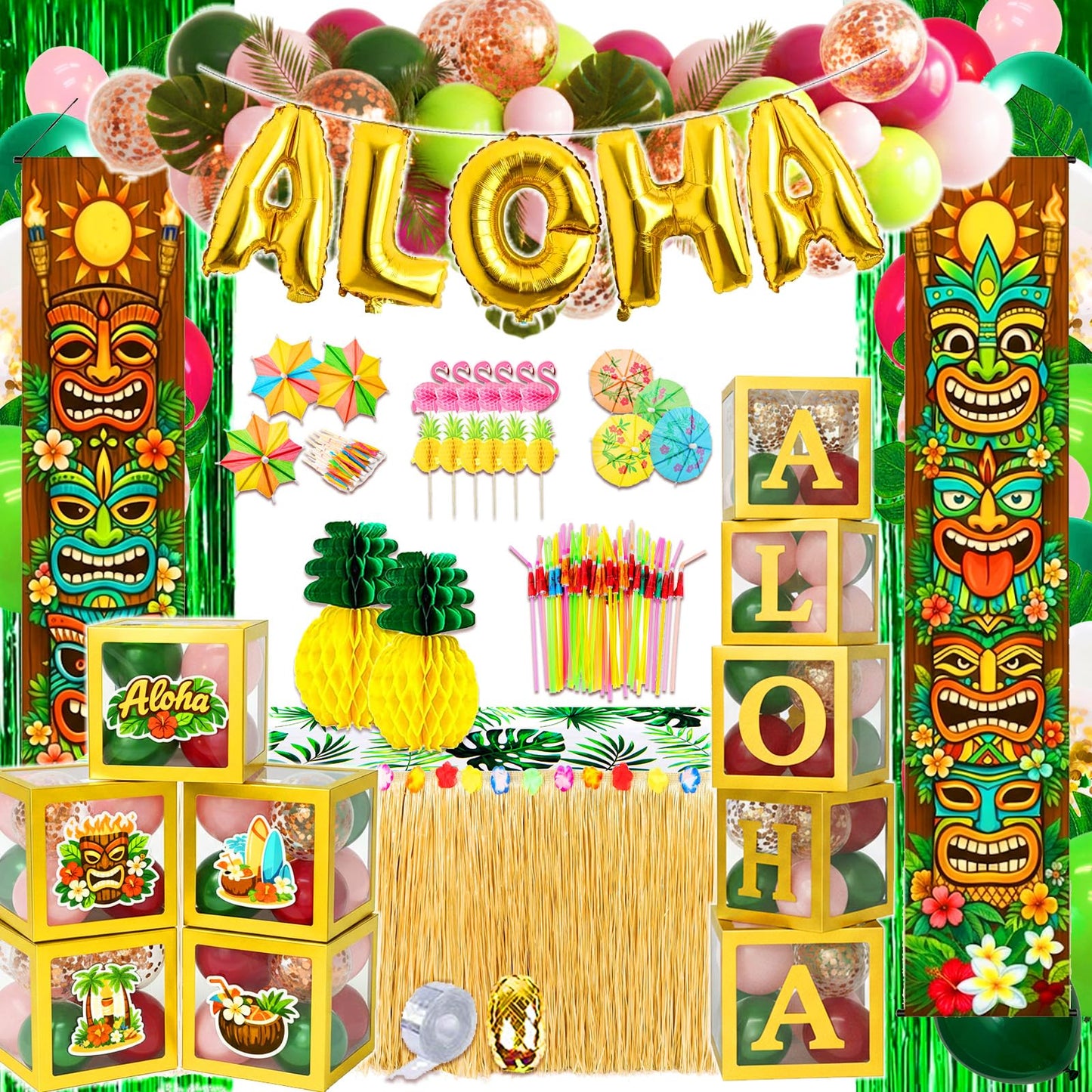 169 PCS Luau Party Decorations, Hawaiian Party Supplies - "ALOHA" Balloons, Hawaiian Boxes, Balloon Arch Garland Kit, Fringe Curtains, Palm Leaf, Table Cloth and Skirt