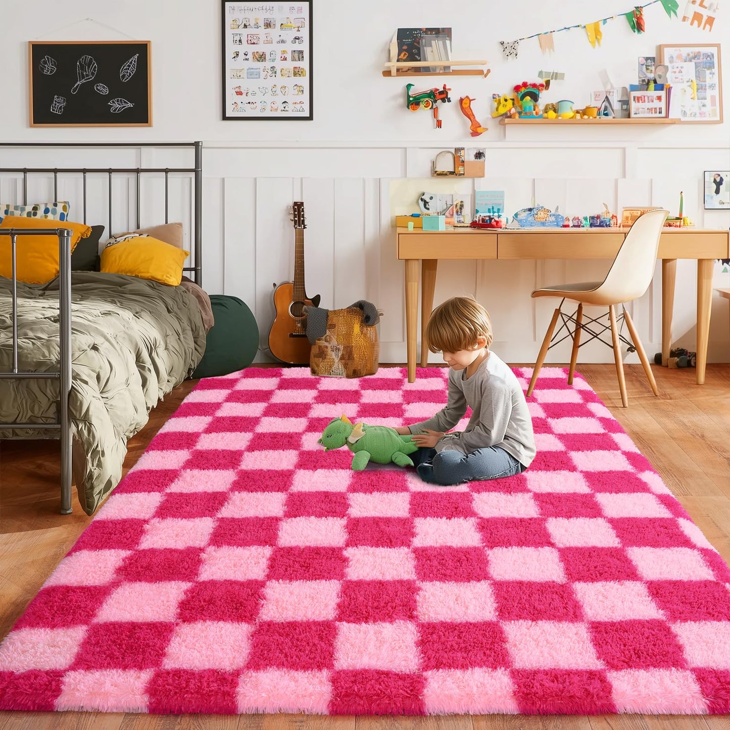 Pionblank Fluffy Area Rug for Bedroom 5x7, Modern Indoor Shag Carpet, Soft Plush Non Slip Checkered Rugs for Living Room Kids Room Home Decor, Hot Pink
