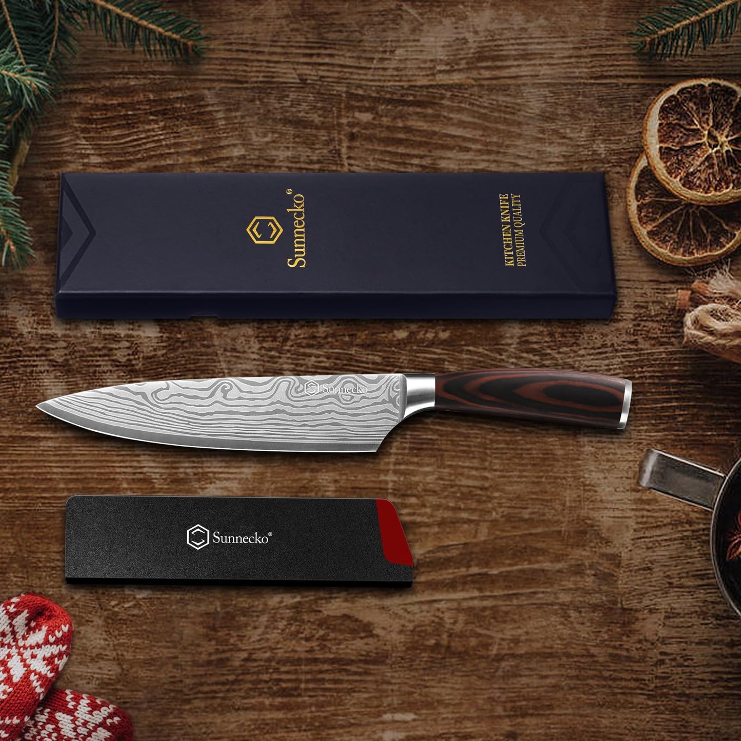 Sunnecko 8 Inch Chef Knife - Ultra Sharp 12-15 Degree Edge Kitchen Knife for Meat Vegetable Cutting Japanese Style, High Carbon Stainless Steel Blade, Pakkawood Handle &Sheath, Cooking Father Day Gift