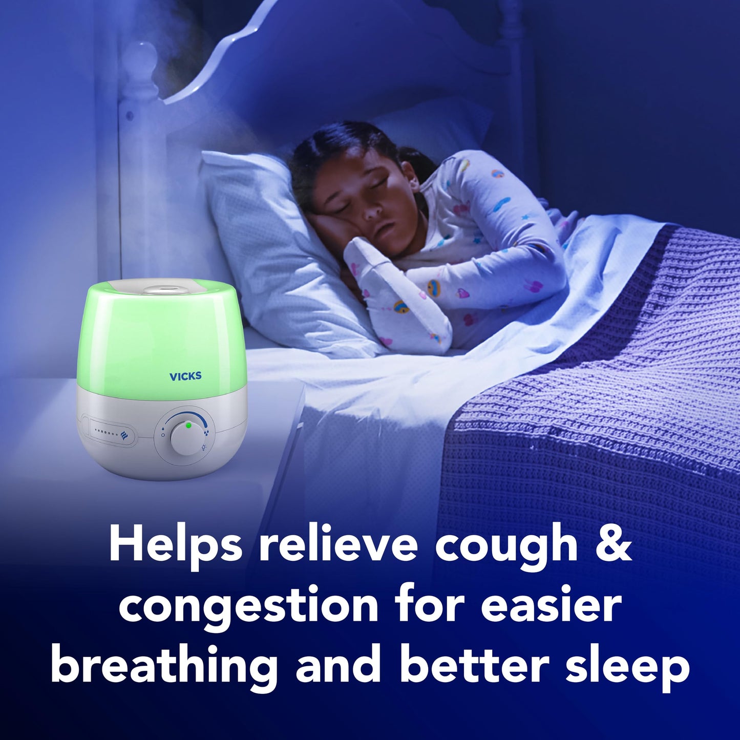 Vicks NaturalCare Cool Mist Ultrasonic Humidifier, Small Room Humidifier for Bedroom, Diffuser with Nighttime Light, Works with Vicks VapoPads, White