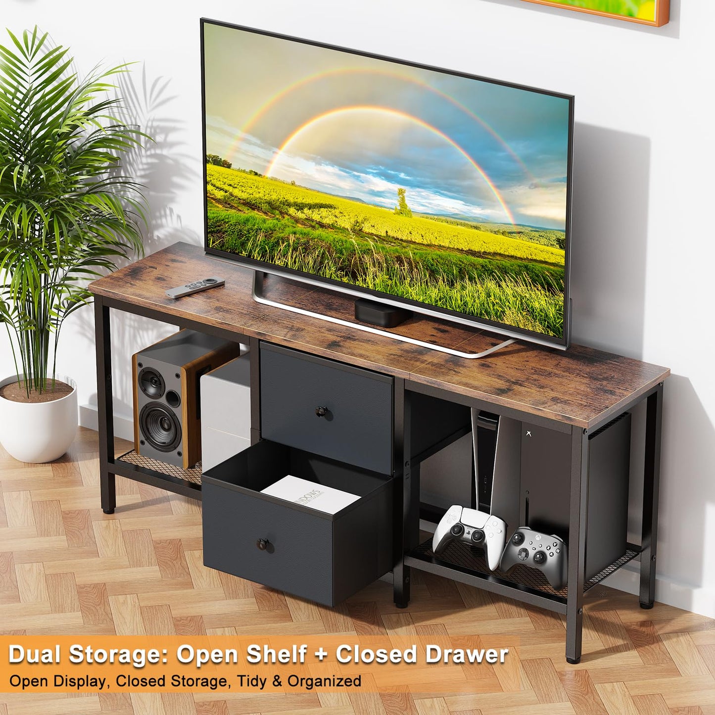 Smoproper TV Stand Suitable for TVs up to 55 Inches, Entertainment Center with Storage Drawers and Shelves, Media Console Table for Living Room and Bedroom (Brown Black)