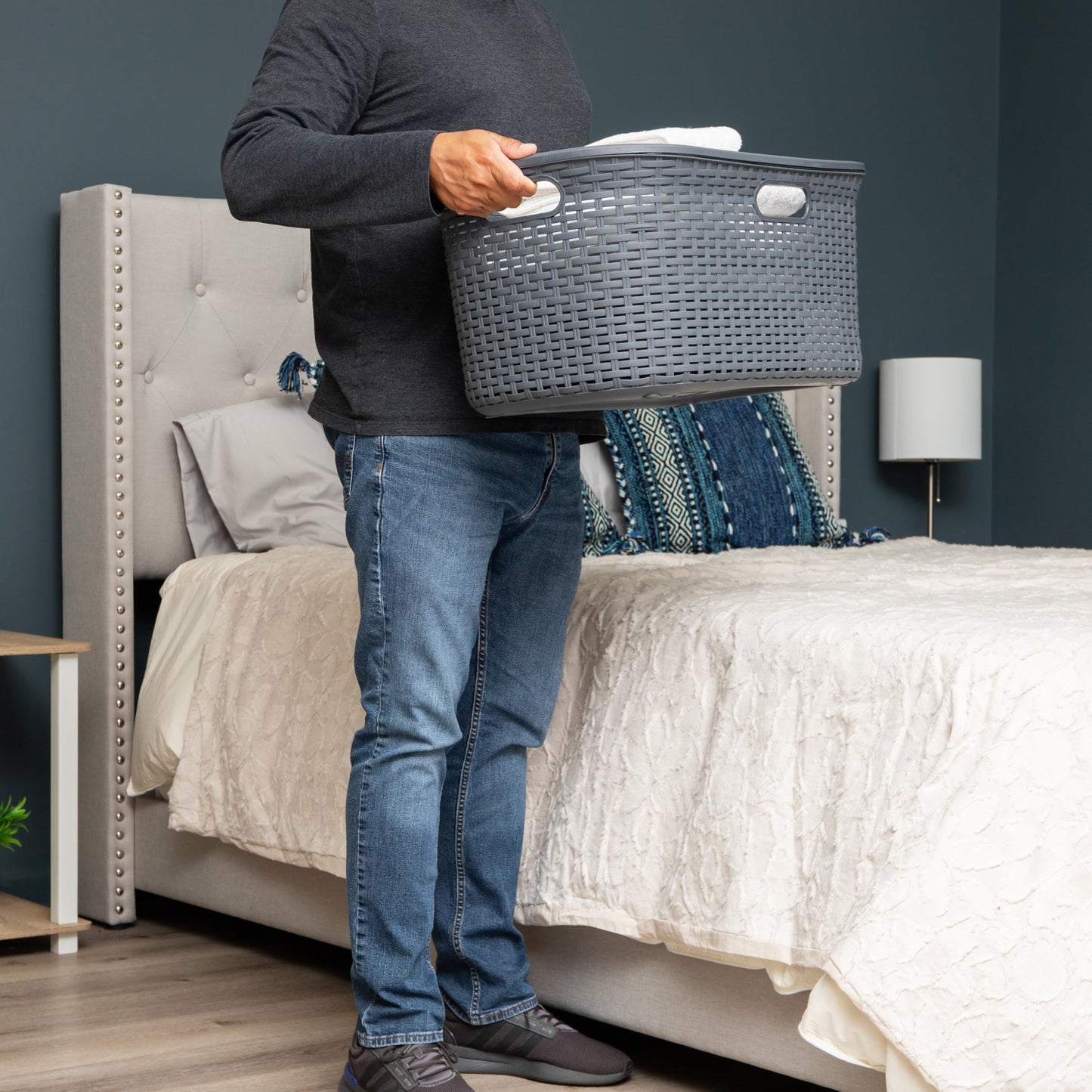 Mind Reader 40L Laundry Basket, Clothes Hamper, Wicker Design, Plastic, 23"L x 14.5"W x 11"H, Set of 2, Gray