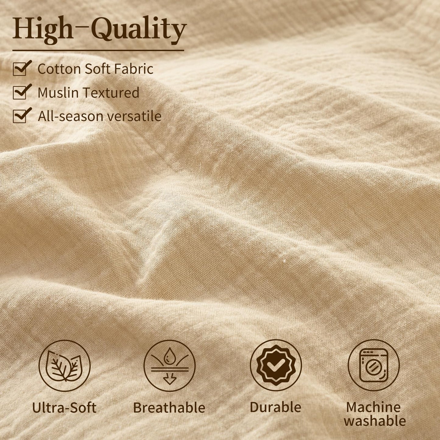MEISHANG Muslin Duvet Cover Queen Size - 100% Organic Cotton, Soft Textured Gauze Weave Duvet Cover for Breathable All-Season Oeko-Tex Certified - 3 Piece Set (Queen, Linen)